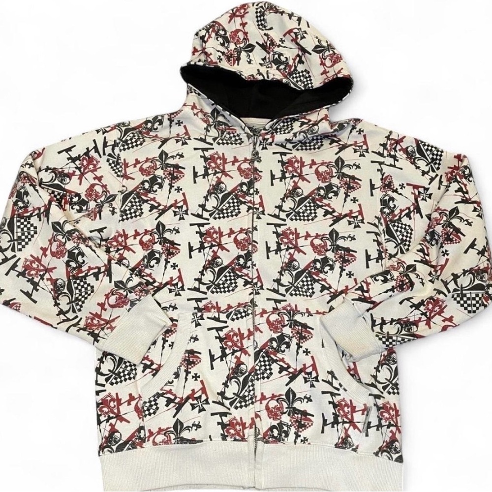 Vintage Silver Point All-Over Print Skull and Fleur-de-lis Full Zip Hoodie